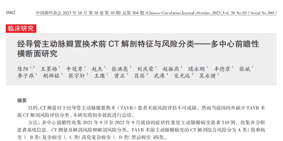 经导管主动脉瓣置换术前 CT 解剖特征与风险分类——多中心前瞻性 横断面研究